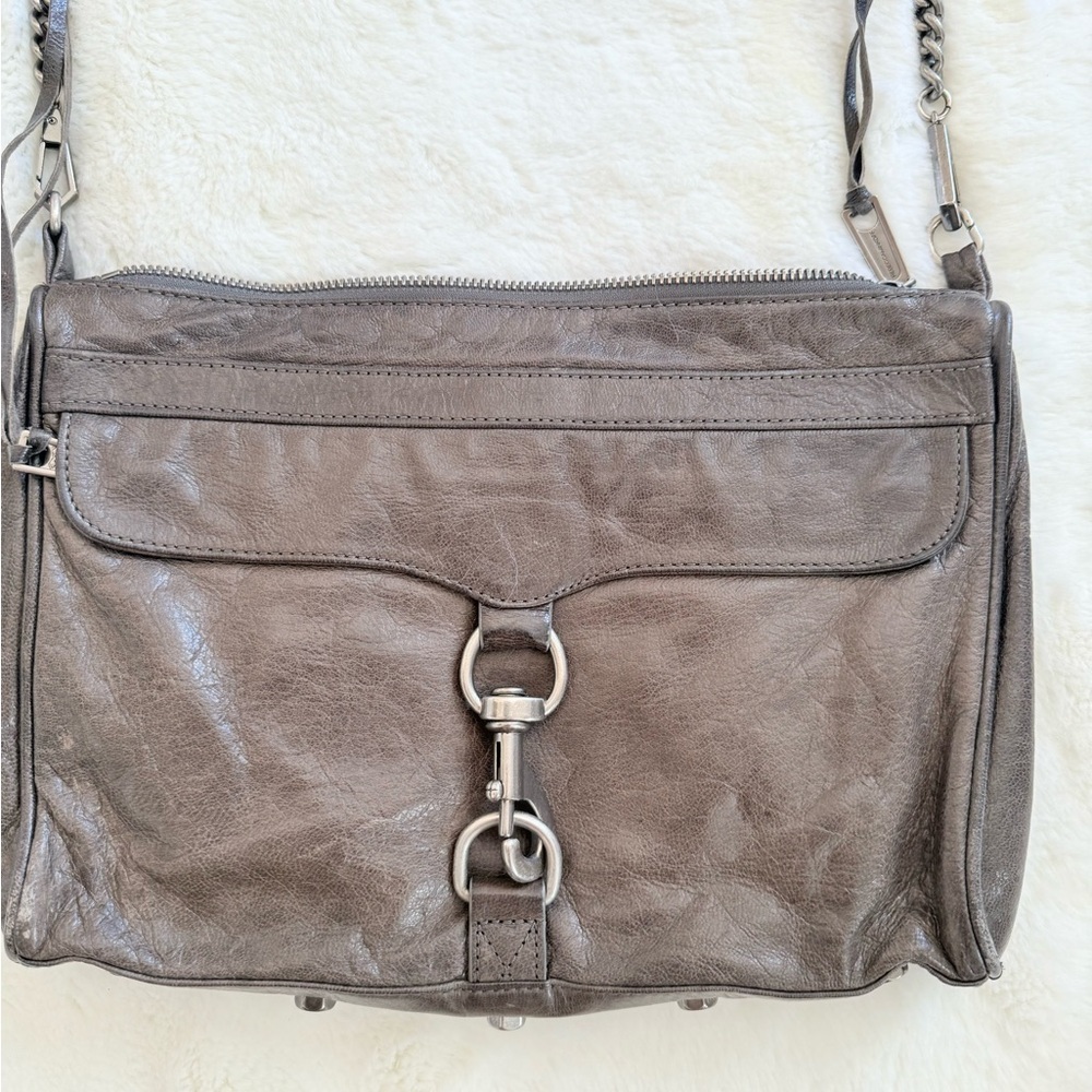 REBECCA MINKOFF Mac Daddy Crossbody Bag Grey Taupe Leather Chain Strap - Picture 2 of 14